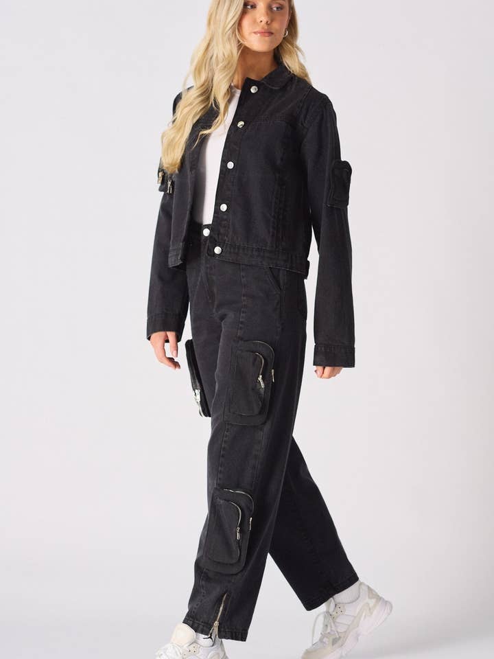Noir Removable Pockets Denim Jacket - Black Wash for wholesale by JMOJO UK Limited