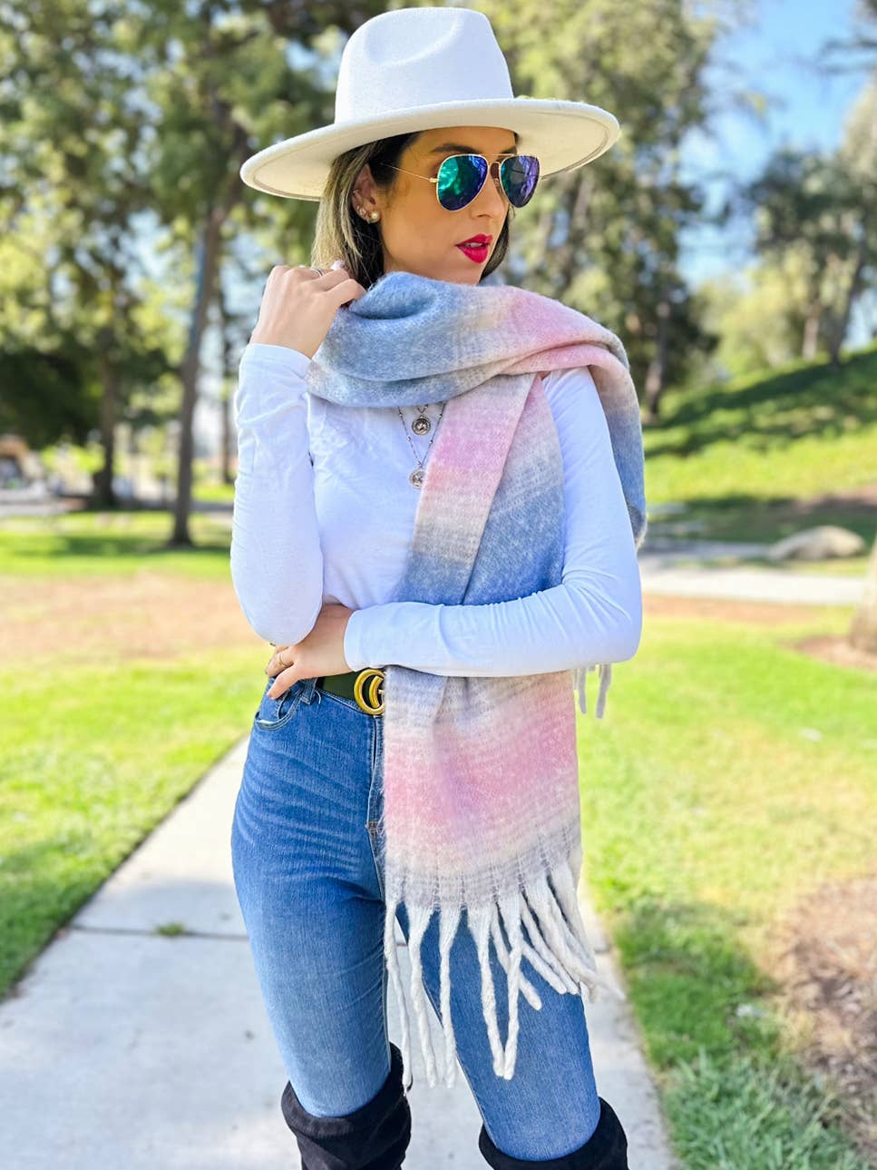 Multi Two-Tone Printed Knit Oblong Scarf with Tassels for wholesale on Faire2