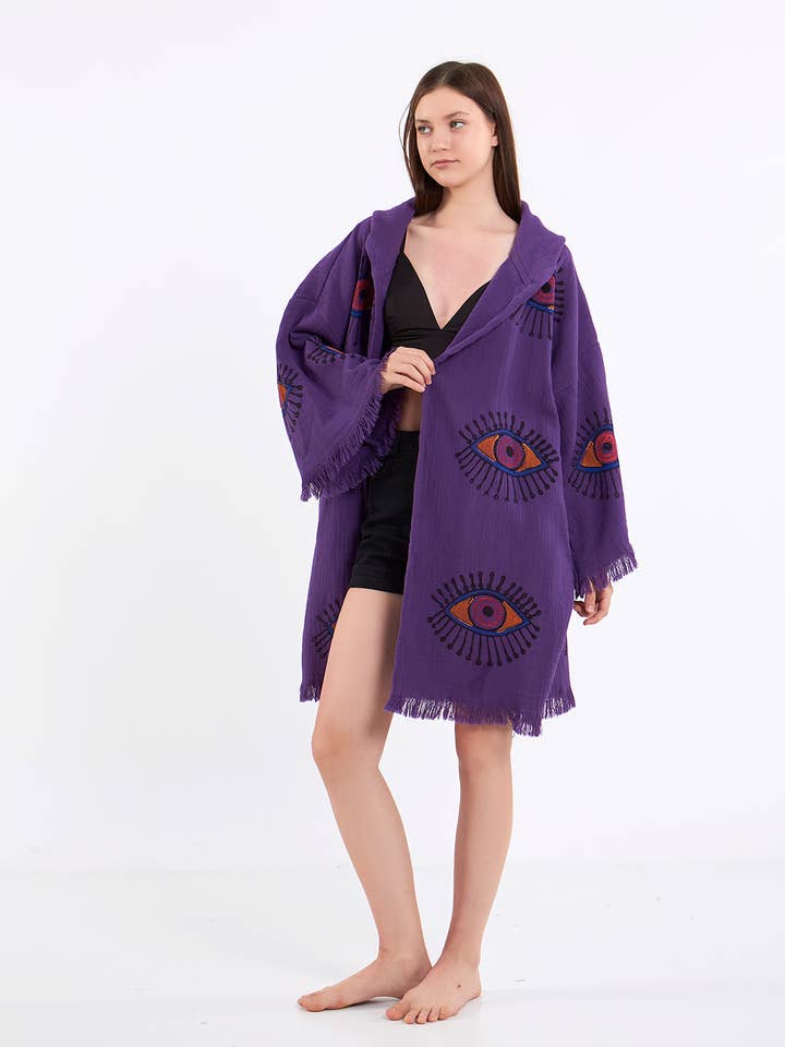Purple Short Turkish Evil Eye Print Hooded Kimono Robe Dress for wholesale by Yaz Concepts