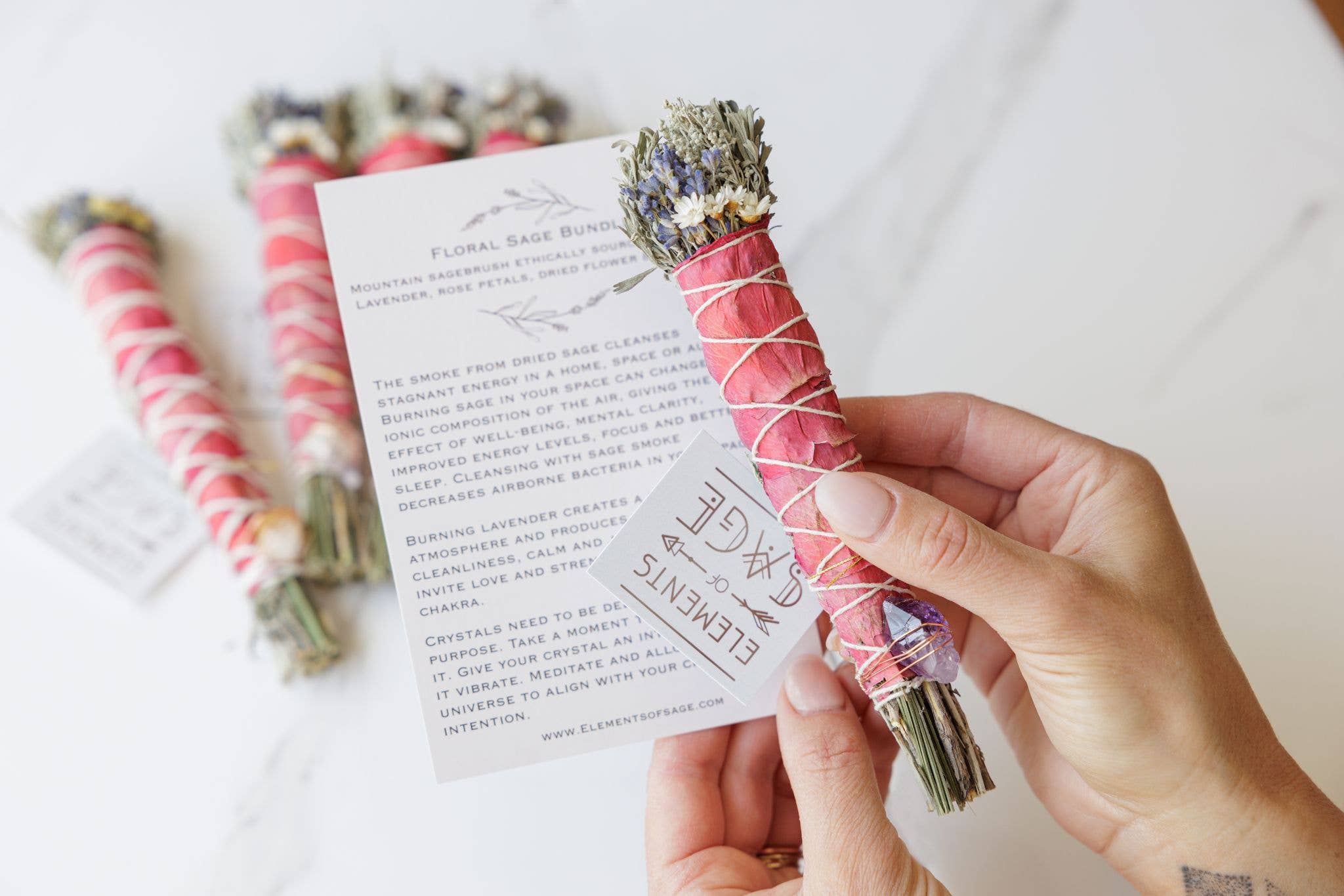 Elements of Sage - Wholesale Sage Bundle - Floral Sage Bundle with crystal, label & info card.4