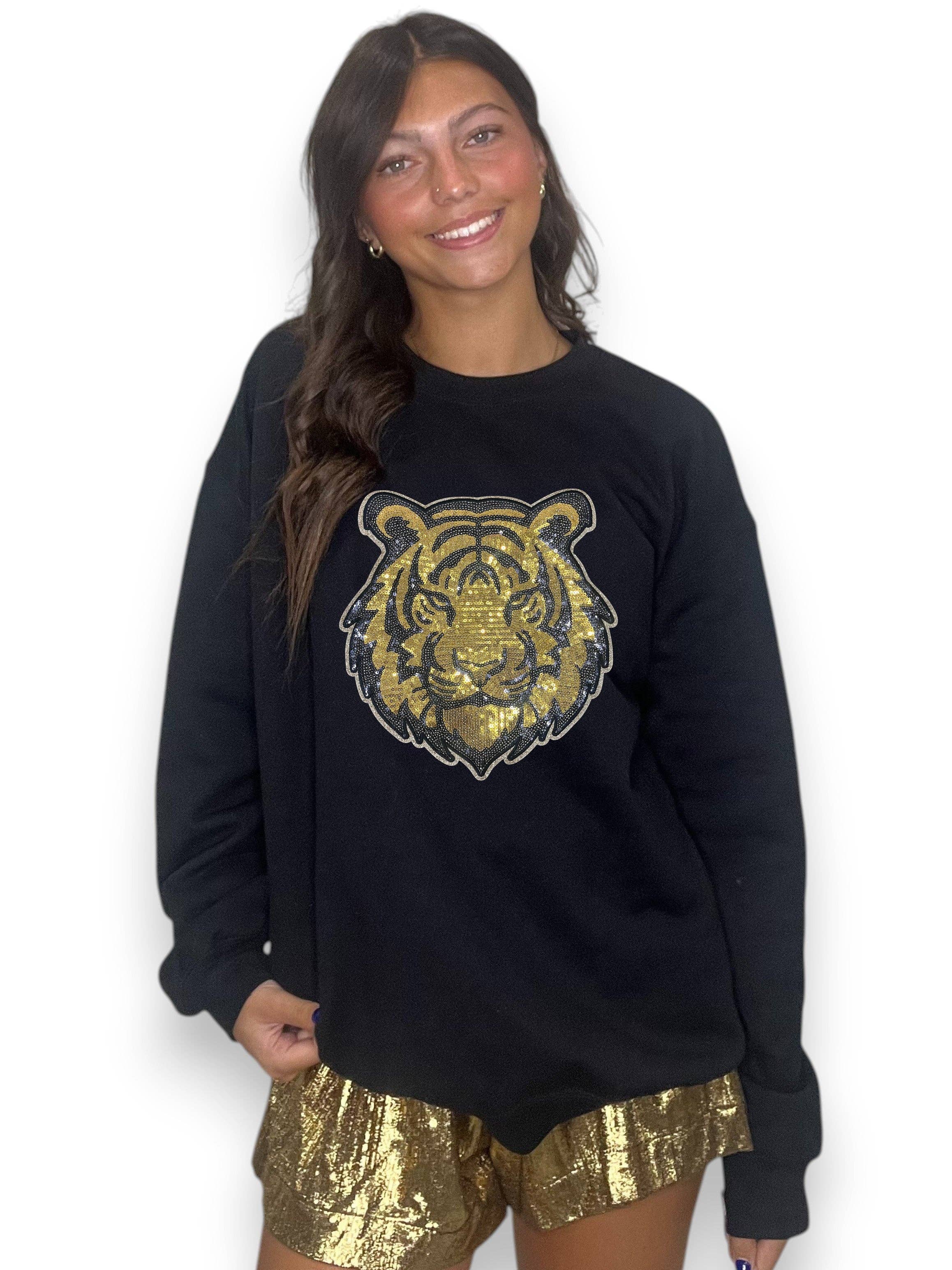 6j Threads LLC - Wholesale Graphic Sweatshirt - Women's - Gold Sequin Tiger Head