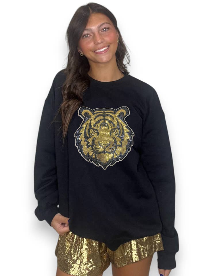 6j Threads LLC - Wholesale Graphic Sweatshirt - Women's - Gold Sequin Tiger Head0