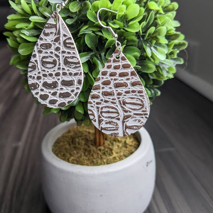 Faux Leather Earrings, Textured White with Gold Accents for wholesale by PJS