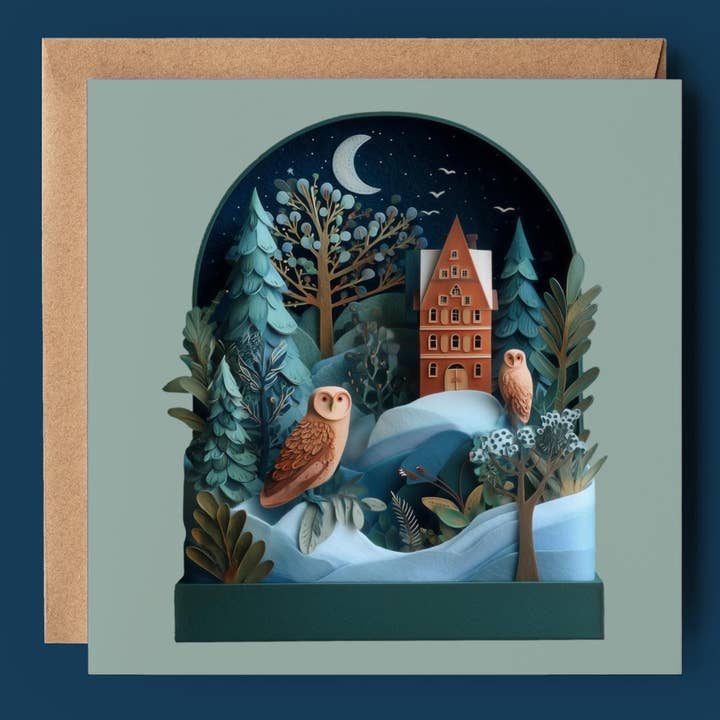 Owls & The Moon House 2D Print Shadow Box Card for wholesale by Good Post Day