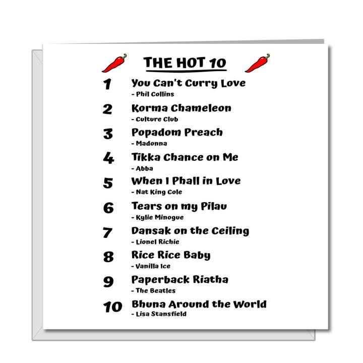 Hot Curry Card, scheda con testo della canzone, divertente gioco di parole, divertente cuoco chef per la vendita all'ingrosso da parte di Swizzoo Cards