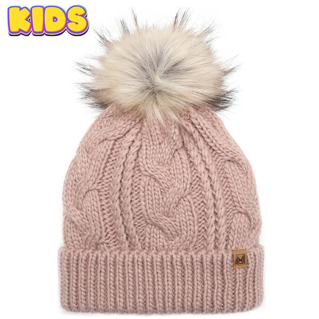 Fashion City - Wholesale Beanie - Kids - Kid's Cable Knitted Faux Fur Pom Beanie Hat14