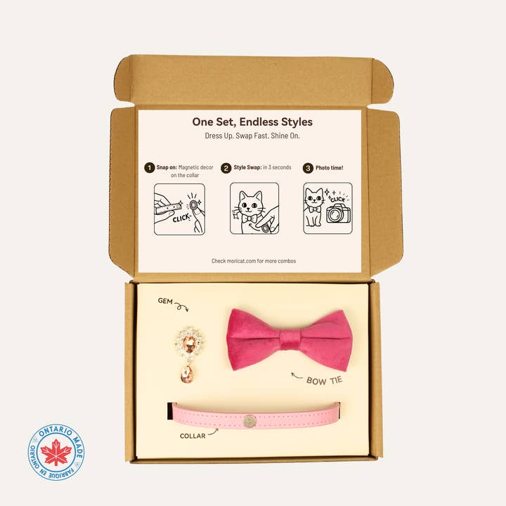 MoriCat Premium Gift Bundle Box with Teardrop Jewel in Rose on Pink Collar with Pink Bowtie for wholesale by Moricat