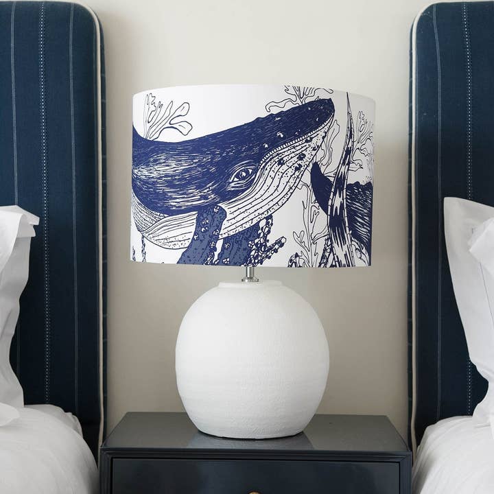 Cream Cornwall - Wholesale Lamp Shade - Marine Blue On White Whale Lampshade
