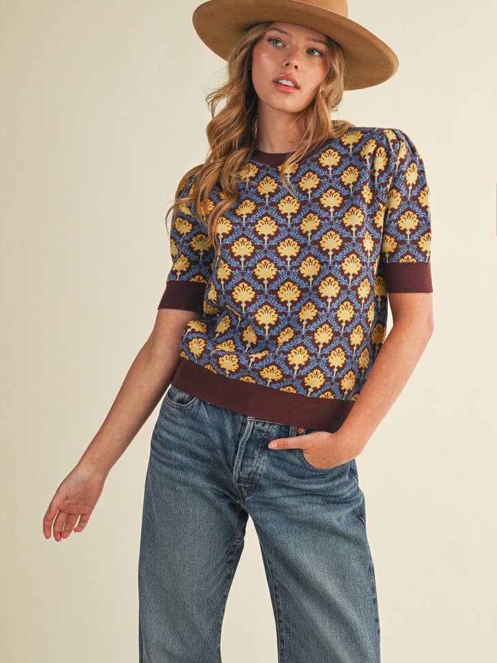 &MERCI - Wholesale Knit Sweater - Women's - FLORAL PATTERN SHORT SLEEVE SWEATER MSW10860