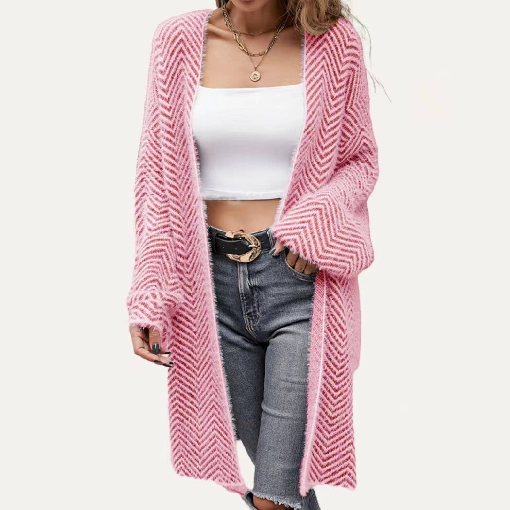 The Moment Collection – Großhandel Strickjacke – Damen – Creating Cozy Gestreifter Strickjacke mit offener Vorderseite und offener Vorderseite1