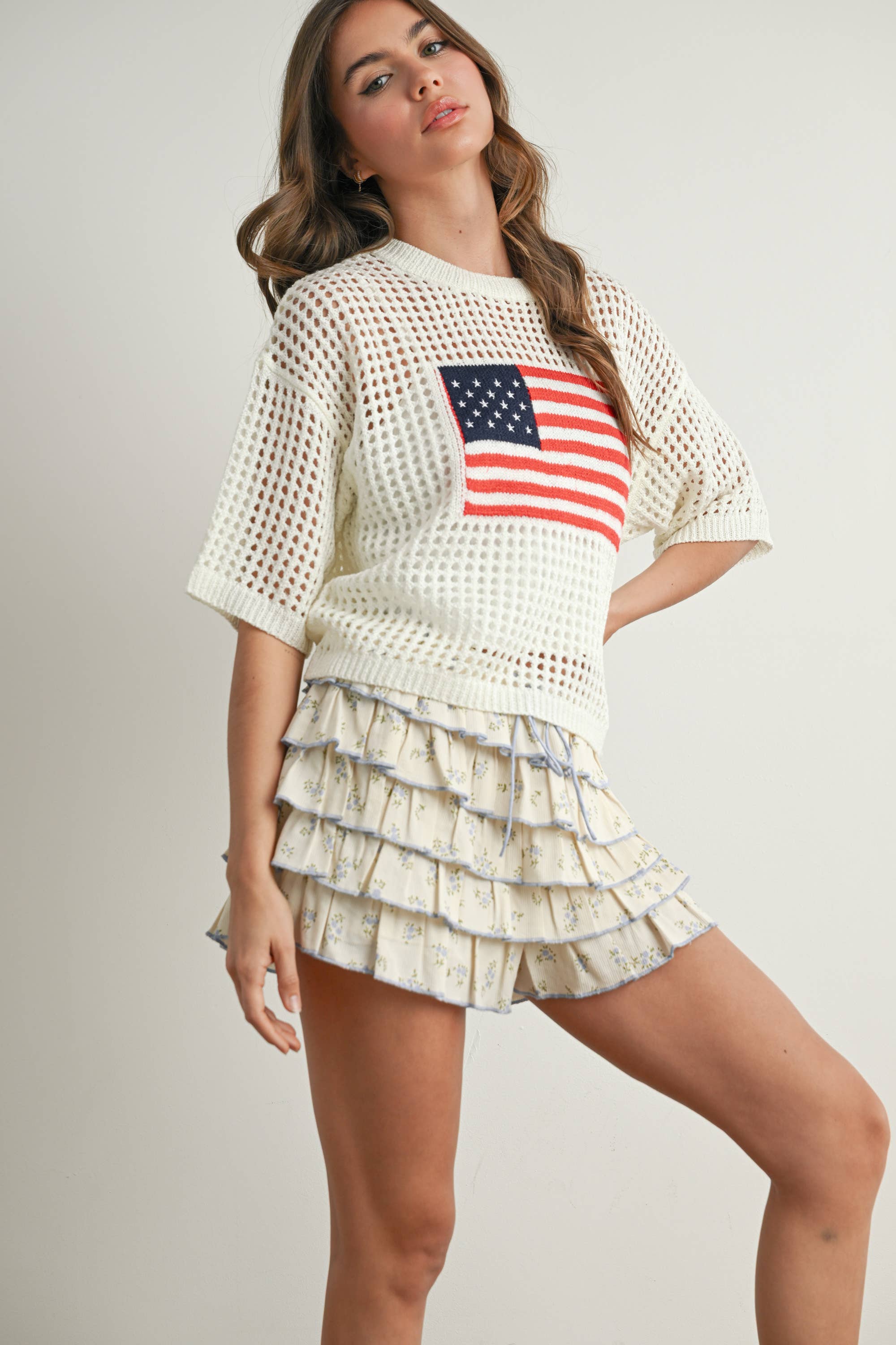 BUTTERMELON - Wholesale Knit Top - Women's - Flag Print Open Knit Crochet Sweater Top - BMW773512
