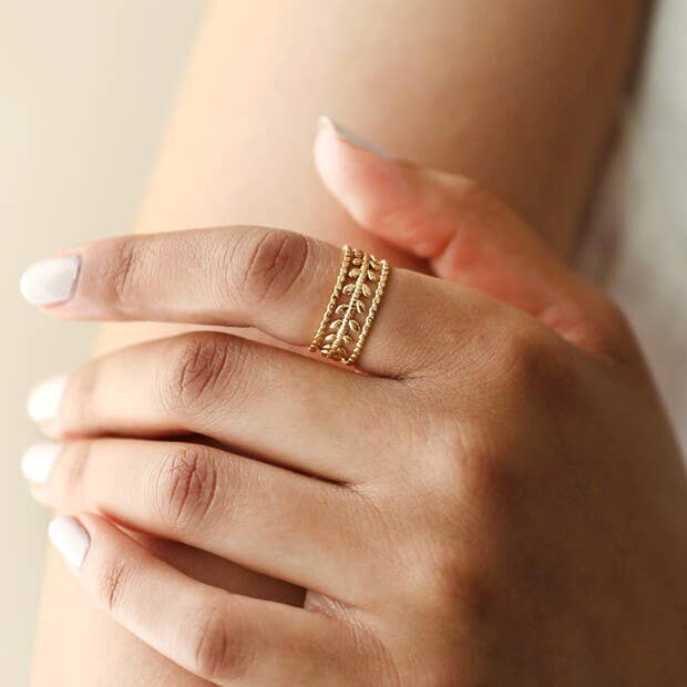 Lisa Angel - Wholesale Band/Stacked Ring - Adjustable Stainless Steel Grecian Leaf Ring in Gold3
