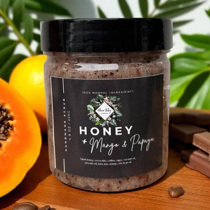 Mango Papaya - Cocoa nib and coffee ground, cream based body for wholesale by Flower Baby Cosmetics