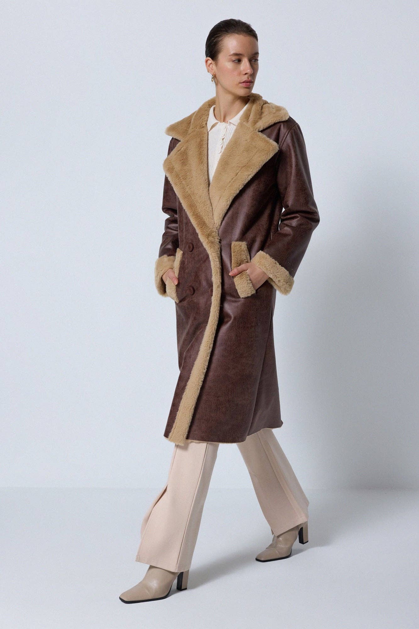 Brown FAUX LEATHER LONG COAT for wholesale on Faire1
