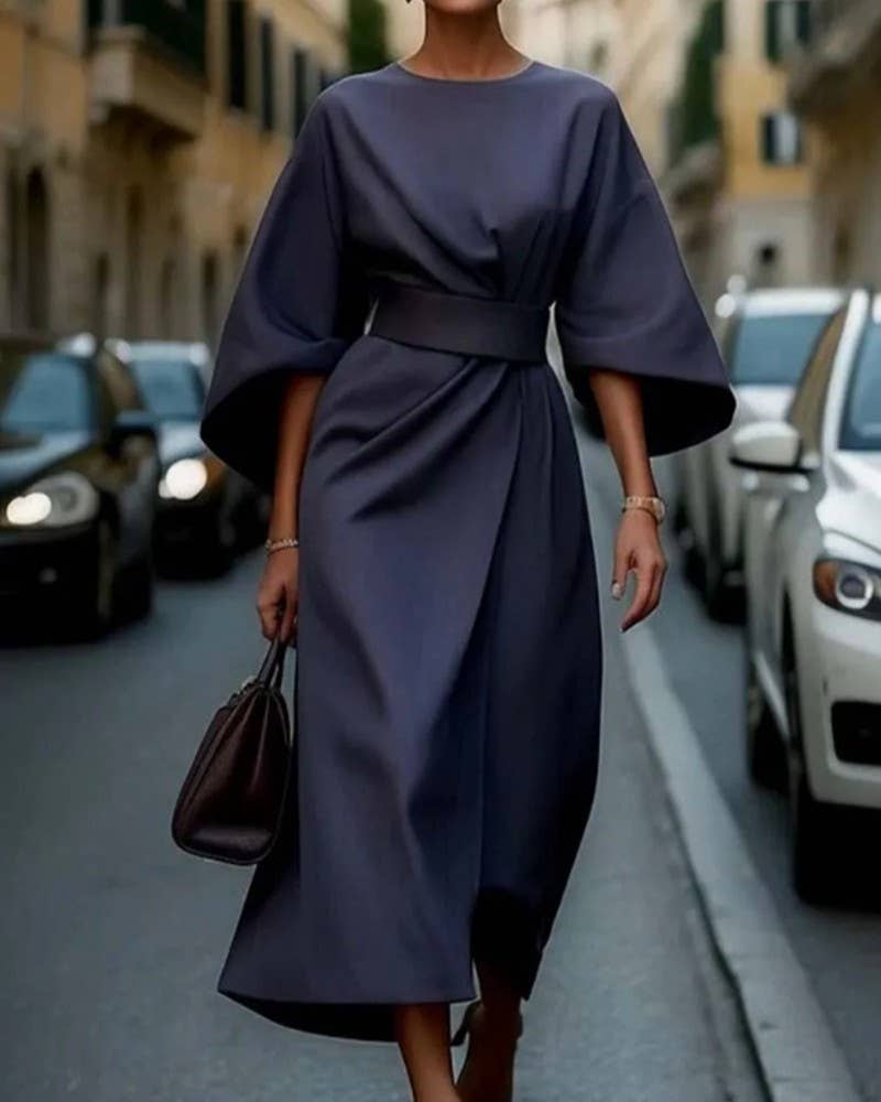 Rosa Clothing - Wholesale Dress - Women's - Fashionable Solid Color Cinched Waist Dolman Sleeve Dress4
