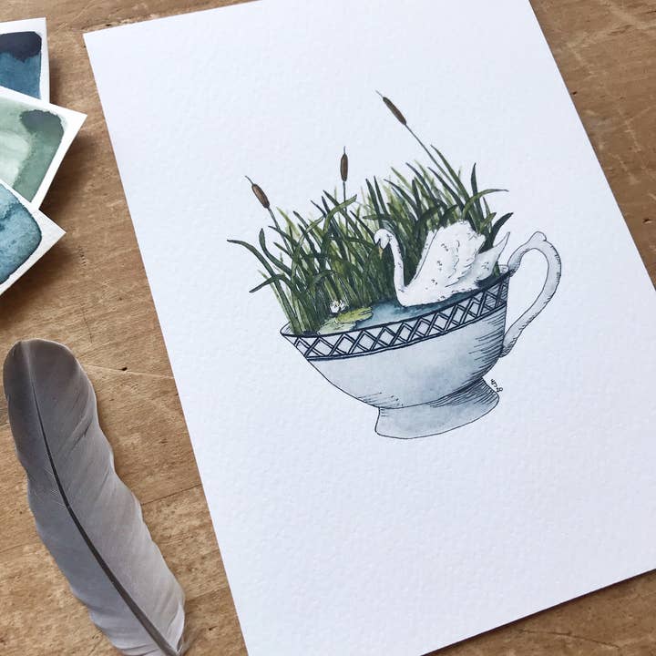 Lizzy Gass - Wholesale Art Print - Swan in a Teacup Giclée Print2