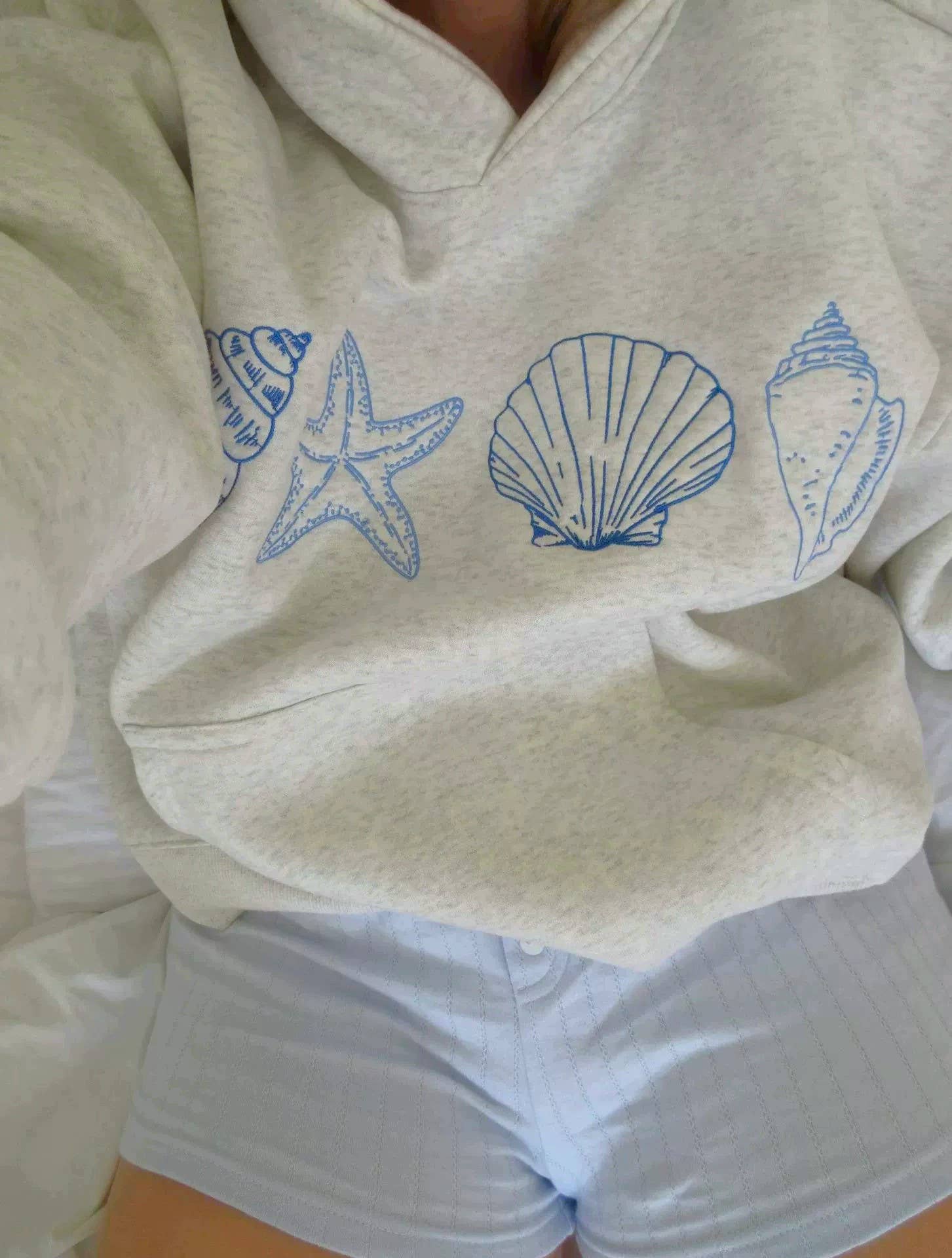 Grey Y2k Trendy Ocean Seashell Embroidery Hoodie for wholesale on Faire2