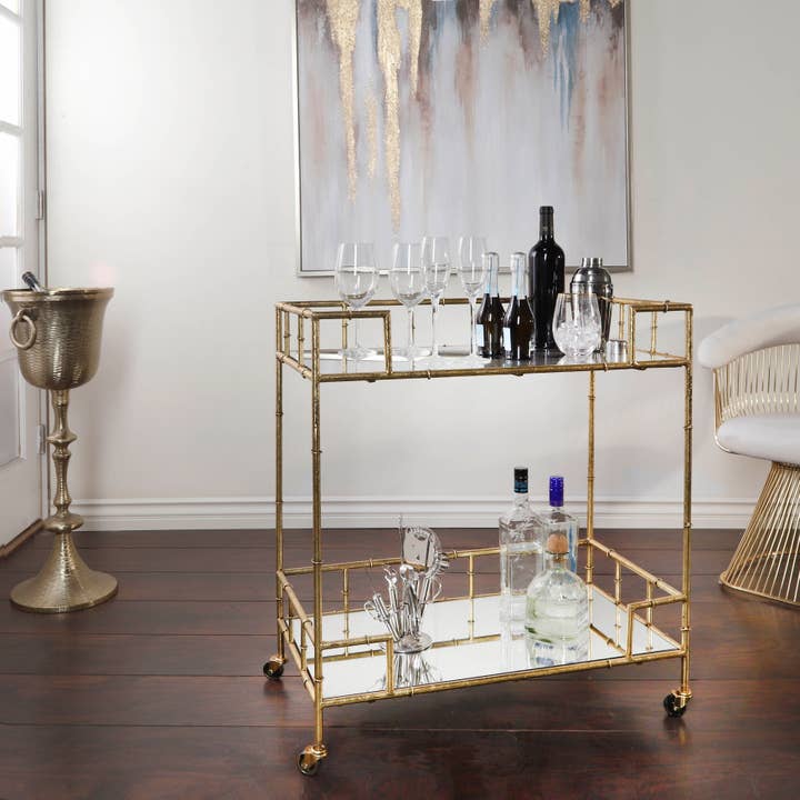 Sagebrook Home - Wholesale Bar Cart - Gold 31x28 in. Metal Mirrored Top 2-Tier Gold Metal Bar Cart