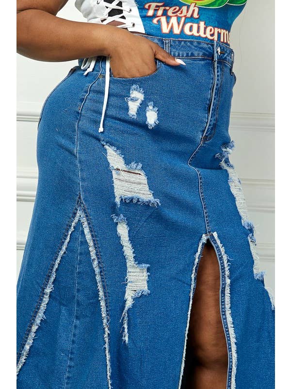 Mezclilla azul Falda de mezclilla regular de talle alto con abertura delantera desgastada de venta al por mayor en Faire1