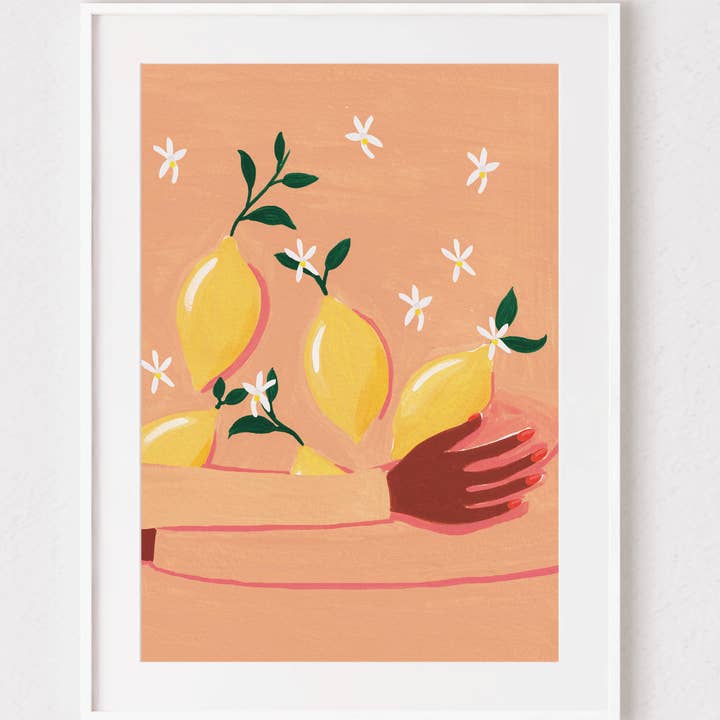 Woman Holding Lemons Art Print, Lemon Print for wholesale by Charlotte Farr Illustrations