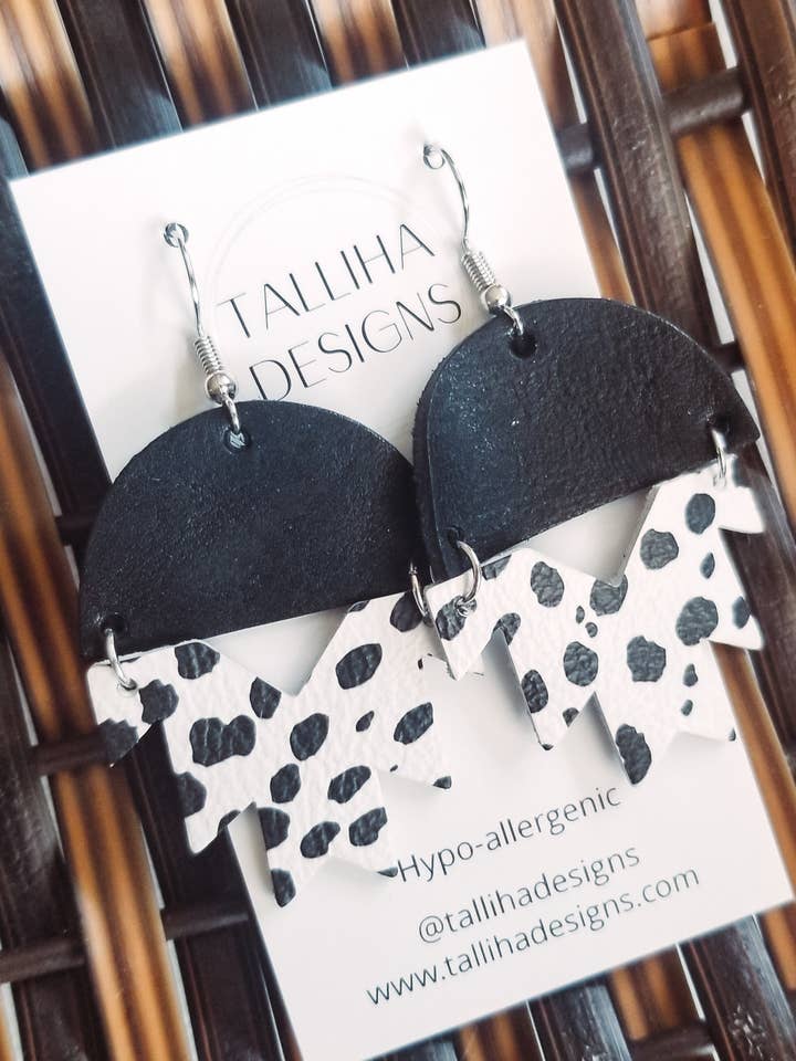 Spotted Cow Western Genuine Leather Aztec Dangle Earrings for wholesale by Talliha Designs