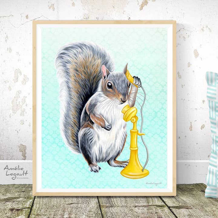 Squirrel Art Print, Squirrel on the Phone wall art, artwork for wholesale by Sardines Studio