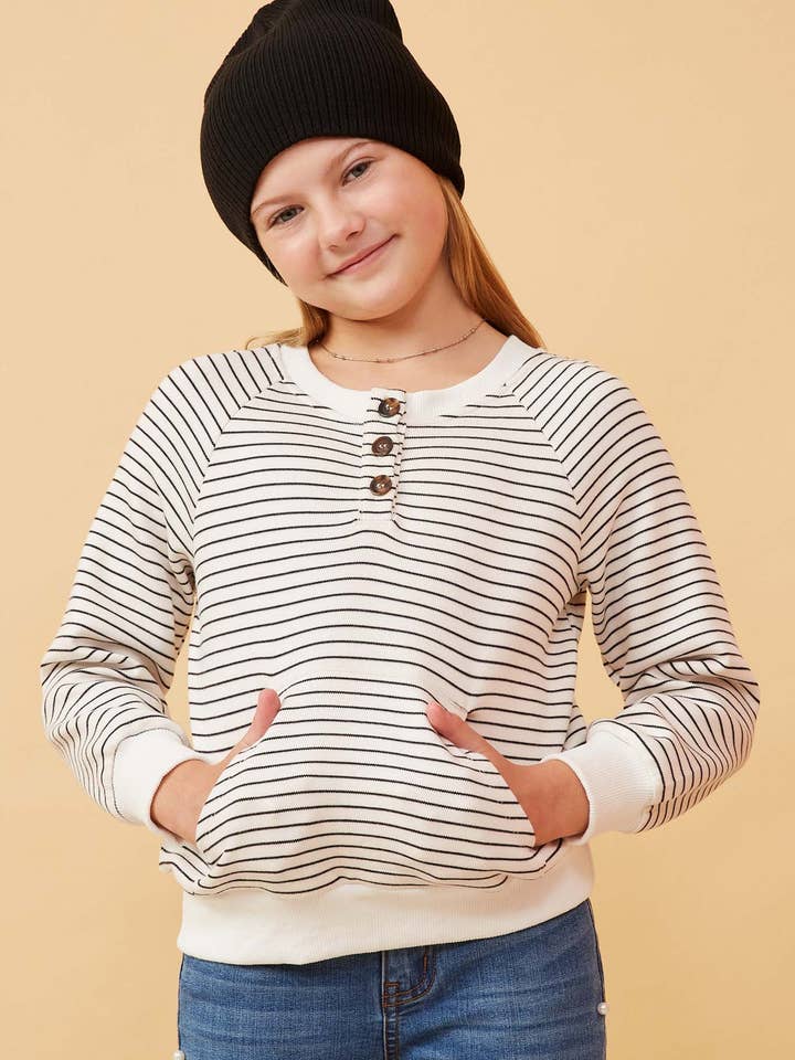 Girls Striped Kangaroo Pocket Knit Long Sleeve Henley for wholesale by Hayden LA