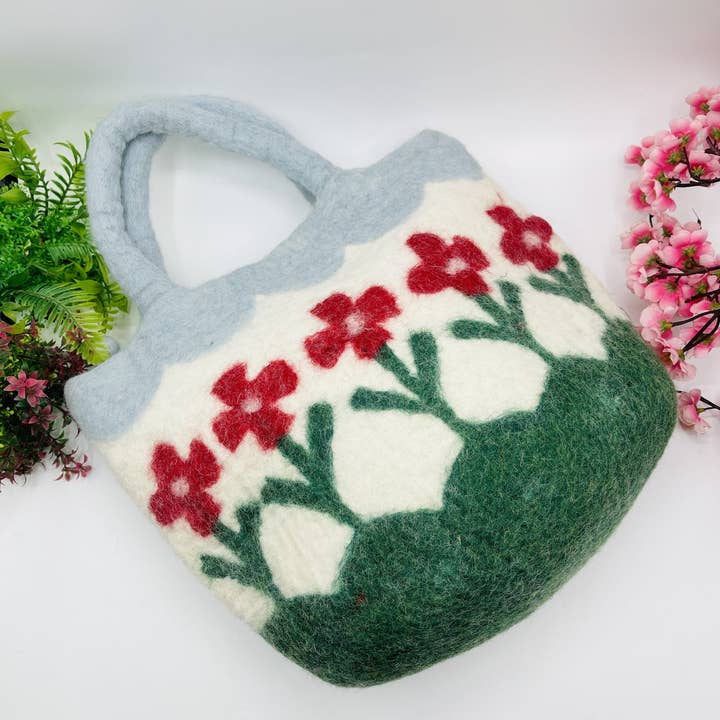 Merocoat - Vente Tote bag – femme - Sacs à main - Motif floral en feutre de laine fabriqué à la main au Népal1