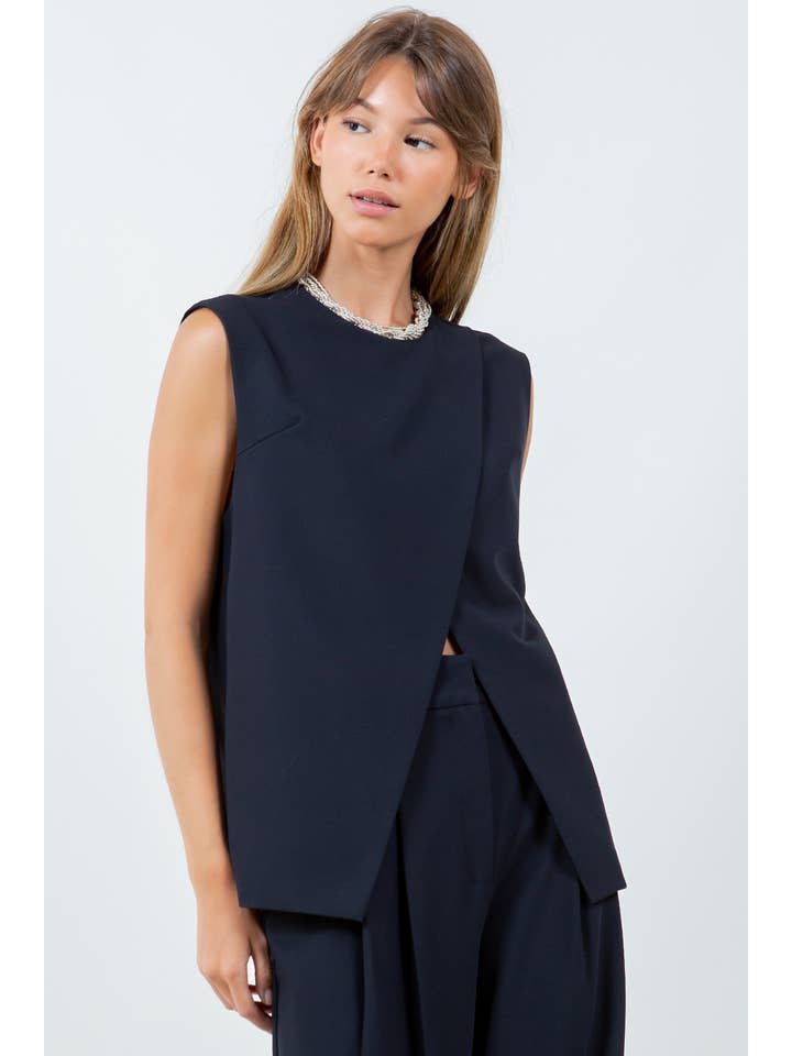OVERLAP DETAILED WOVEN SLEEVELESS TOP - DK NAVY for wholesale on Faire1