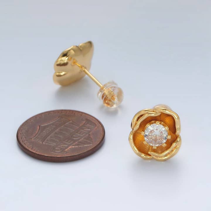 Aim Eternal - Wholesale Stud/Post Earrings - 24K Gold Filled CZ Flower Stud Earrings | AD-6262