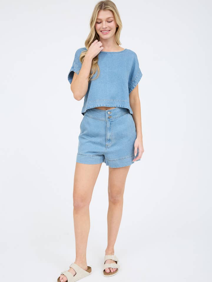 BLUE HIGH WAIST CHAMBRAY MINI SHORTS for wholesale on Faire