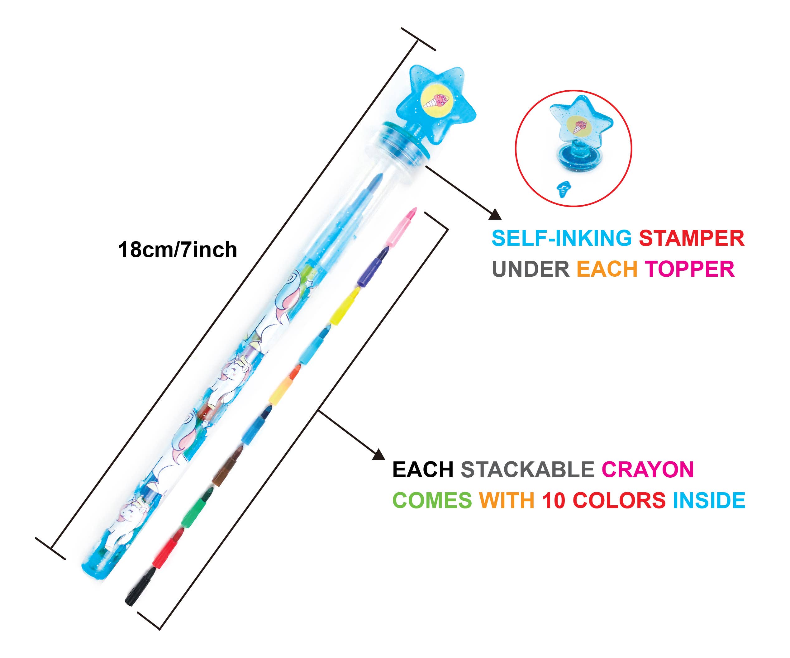 Tiny Mills – wholesale Crayons – Child & baby – Unicorn Rainbow Stackable Crayon with Stamper Topper4