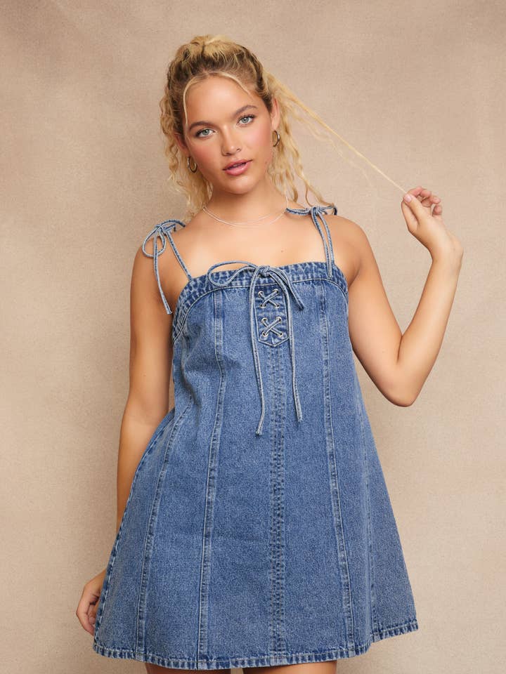 FRONT LACE UP DETAIL DENIM DRESS for wholesale on Faire5