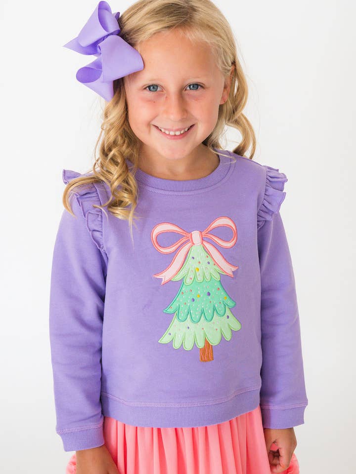 Meisjes paarse fonkelende boom strik applicatie flutter sweatshirt voor wholesale door RuffleButts + RuggedButts