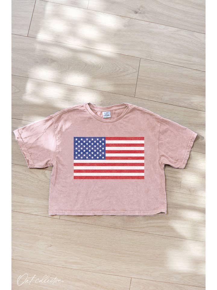 OAT COLLECTIVE - Wholesale Screen Printed T-Shirt - Women's - USA FLAG Cropped Mineral Graphic Top