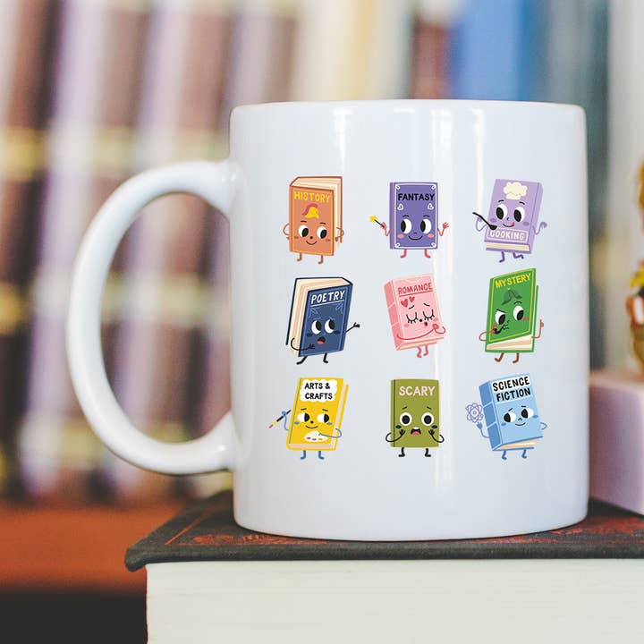 Book Genres White Mug for wholesale by Keen Bee Studio