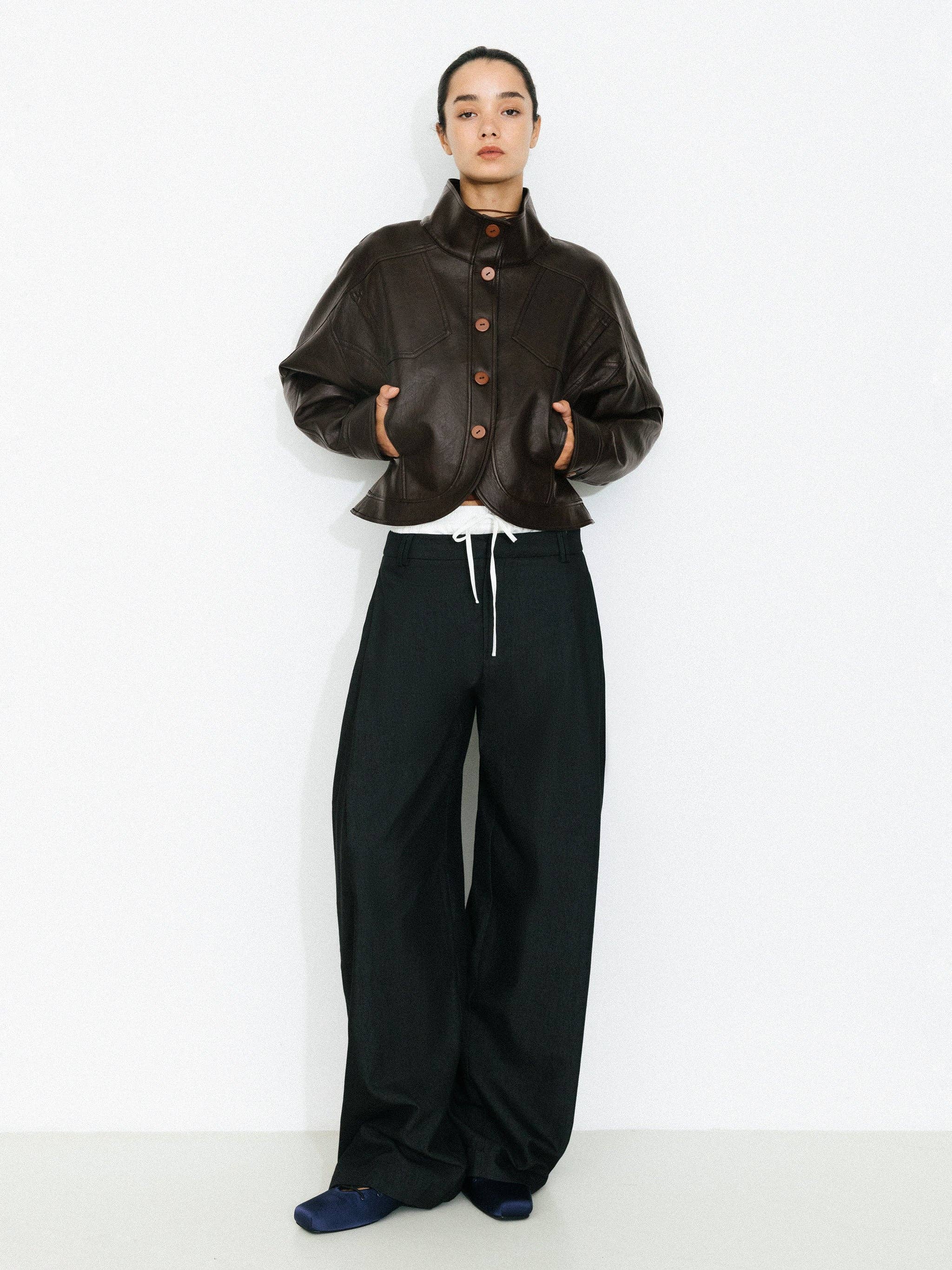 Brown Curved Sleeve Faux Leather Jacket for wholesale on Faire2