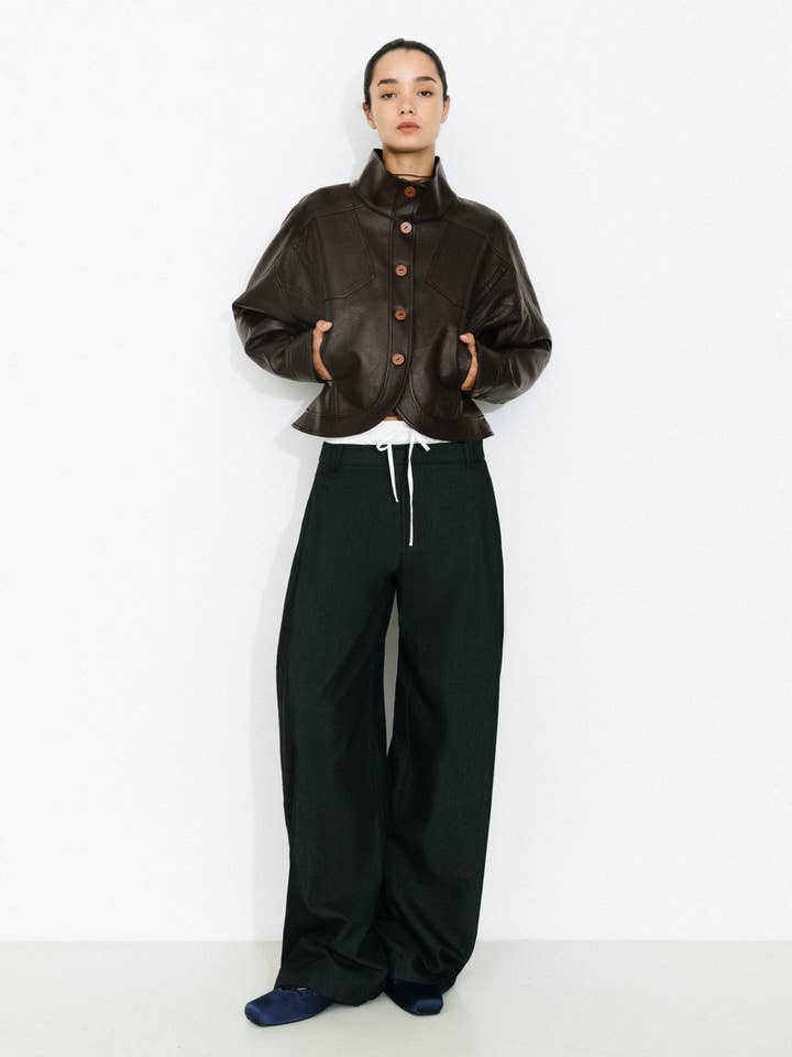 Brown Curved Sleeve Faux Leather Jacket for wholesale on Faire2