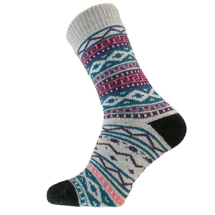 Grey, blue and purple Nordic patterned wool blend socks for wholesale by GEMJAR LTD