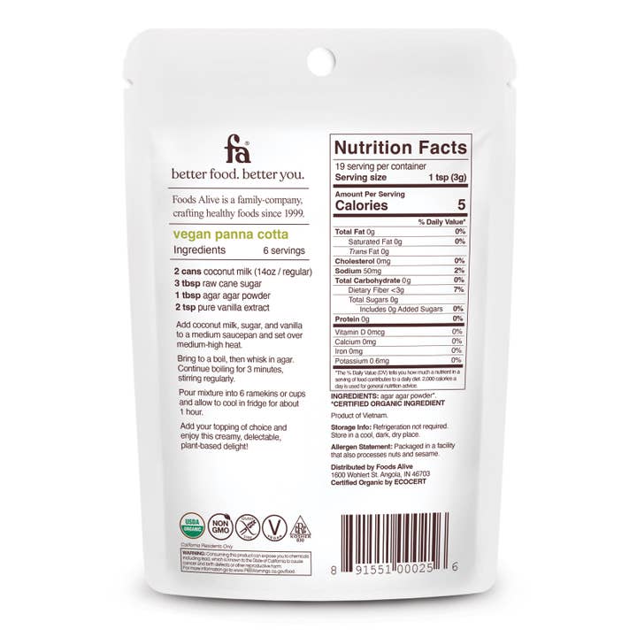 Foods Alive - Wholesale Protein/Superfood Powder - Agar Agar Powder - Organic