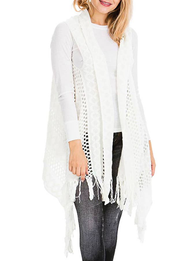 Cap Zone – Colete - Mulher por atacado – Cabo Crochet malha franja guarnição Cardigan Long Vest17