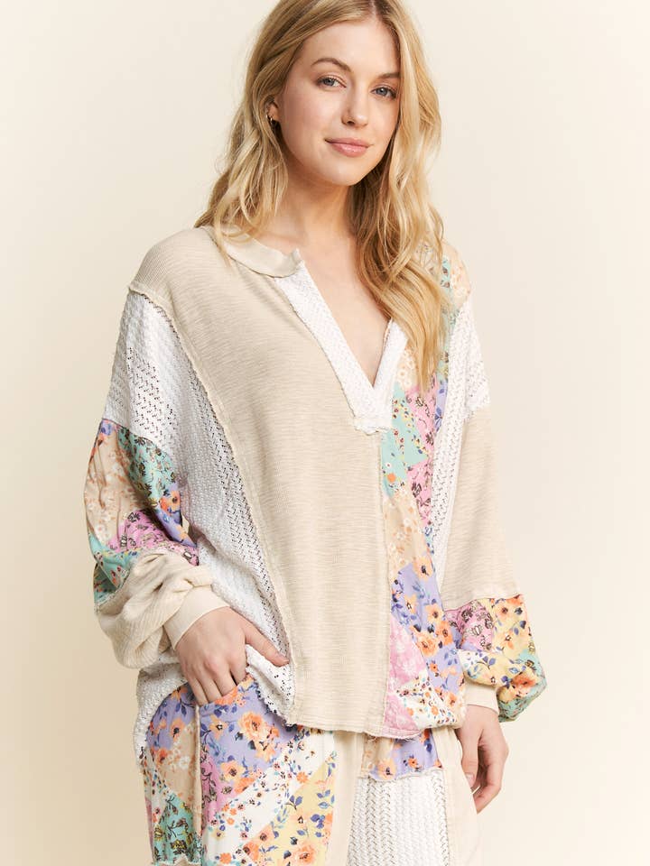 MineralWashed Floral WaveKnit Jacquard Boho top HT6039P1 for wholesale by J.Her