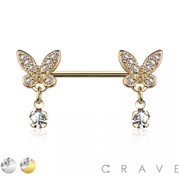 BARRA PER CAPEZZOLI IN ACCIAIO CHIRURGICO 316L CON ESTREMITÀ A FARFALLA CZ per la vendita all'ingrosso da parte di CRAVE