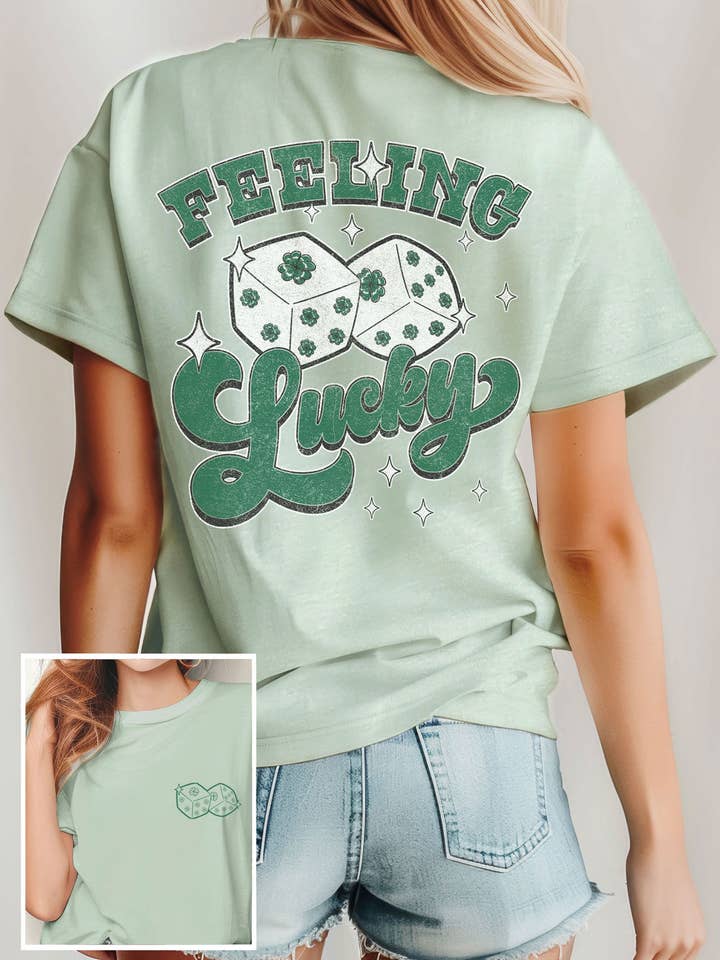 FØLER MIG HELDIG TERNING FOR-OG-BAG GRAFISK T-SHIRTS for engroshandel hos Rustee Clothing