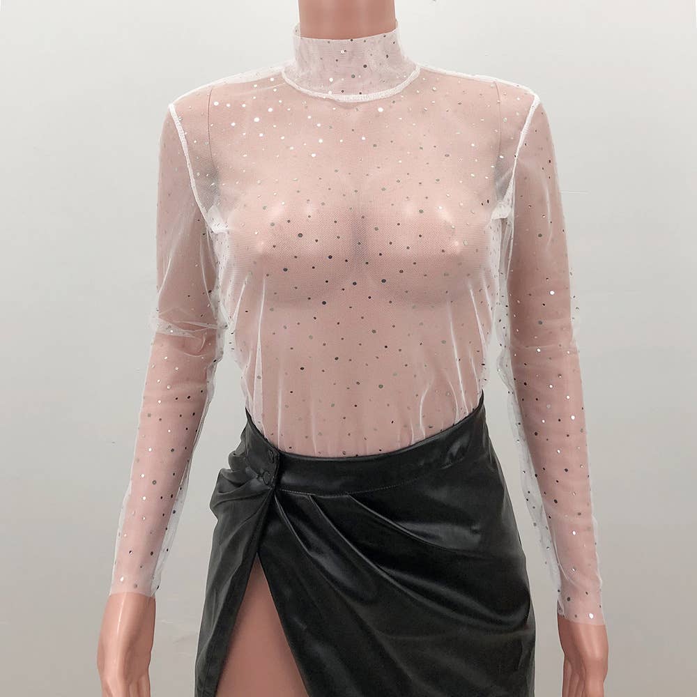 UNISHE - Wholesale Blouse - Women's - See Through Sheer Mesh Sequin Underwear Top ZZKF8187