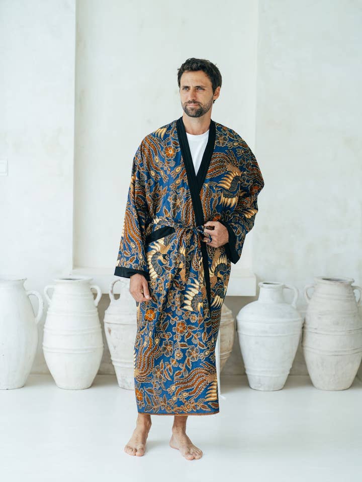 Royal Blue Men's Full Length Batik Robe for wholesale by Sukara