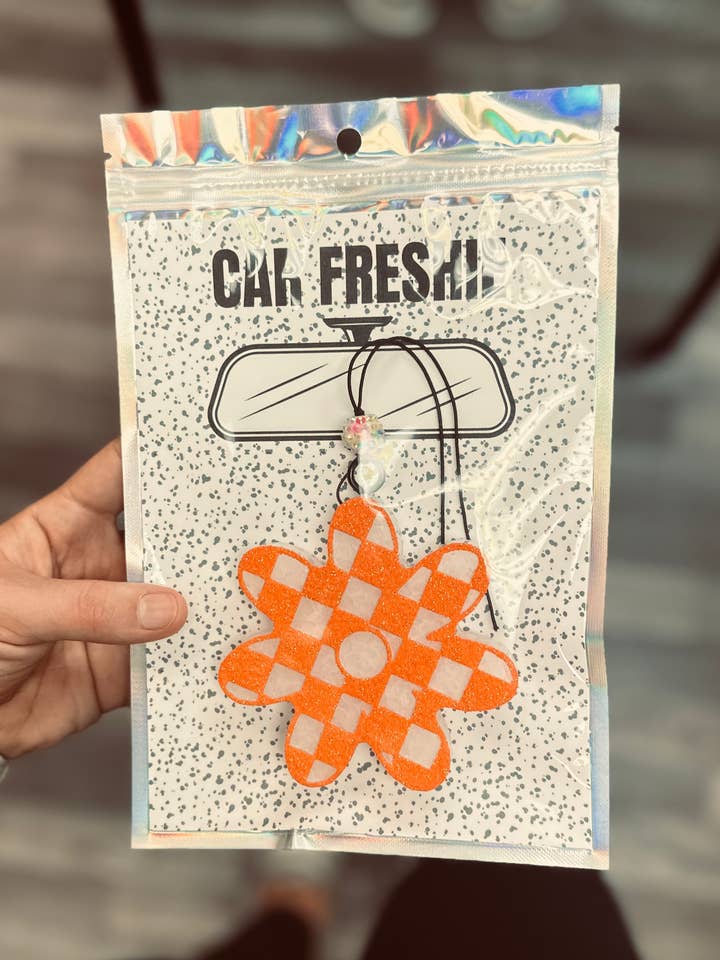 Checkered Flower (Orange) || Car Freshie for wholesale by Rustic Wagon Wholesale
