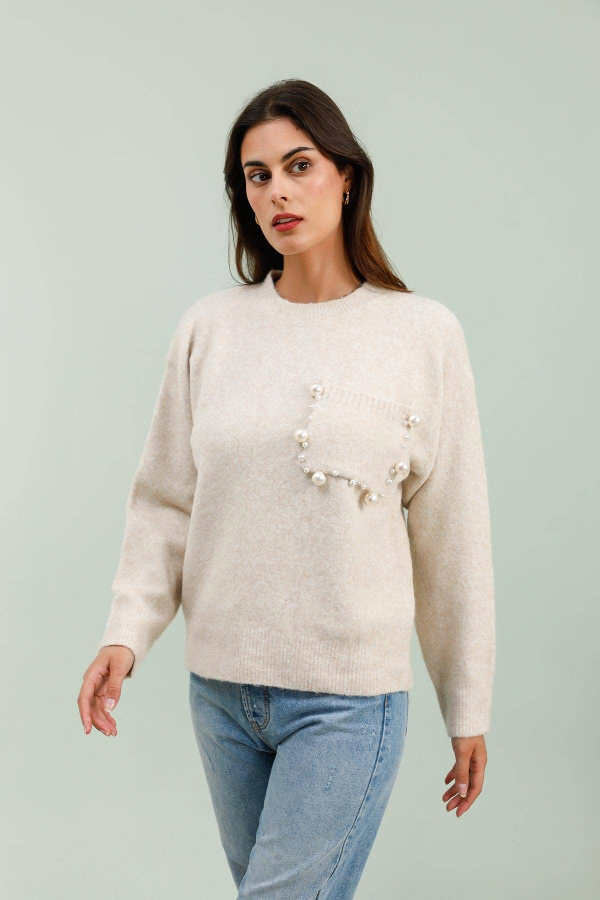 MOOYA – wholesale Knitted jumper – Women′s – Plain knit sweater with pearl pocket SCF0161