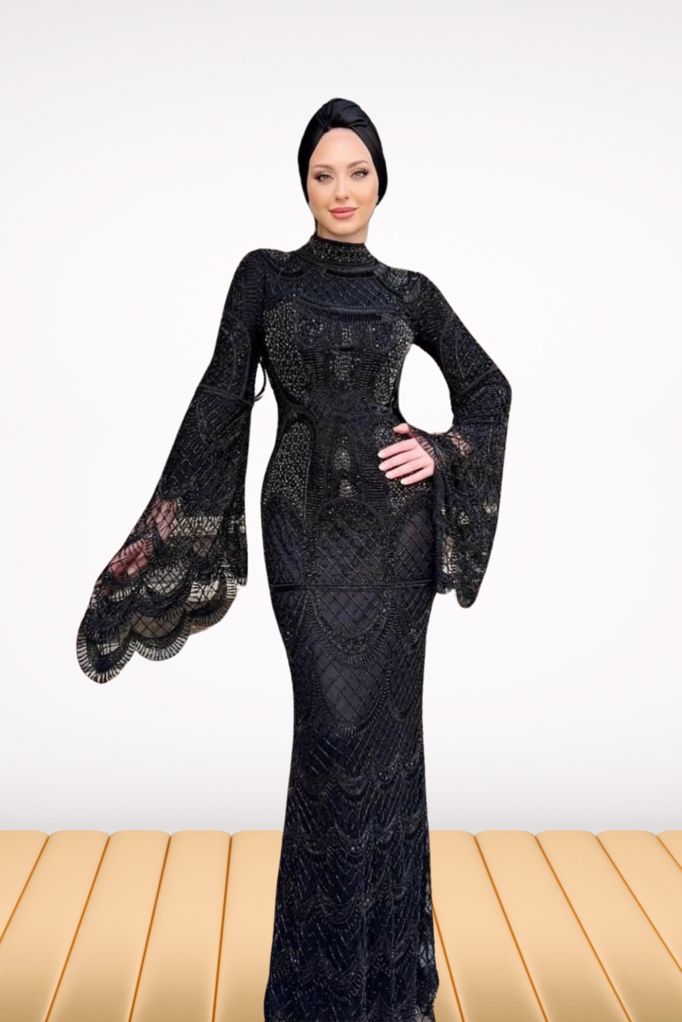 Gatsbylady London - Venta al por mayor Vestido de fiesta - Mujer - Vestido de noche negro de encaje con mangas acampanadas1