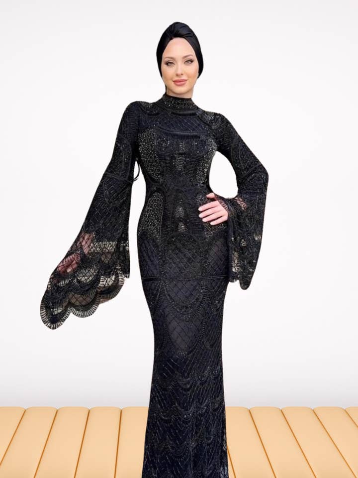 Gatsbylady London - Wholesale Gown - Women's - Black Lace Evening Gown with Flared Sleeves1